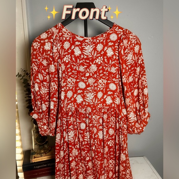 Boho Floral Midi Dress Rust Red White Print Bishop Sleeves Tie Back Small - Picture 4 of 8